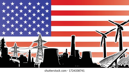 USA energy production vector with sun power, wind generators, atomic and coal power plants and electric lines on poles