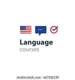 USA English Language Class Concept Icon Set And Flag Logo, Language Exchange Program, Forum And International Communication Sign. Flat Design Vector Illustration