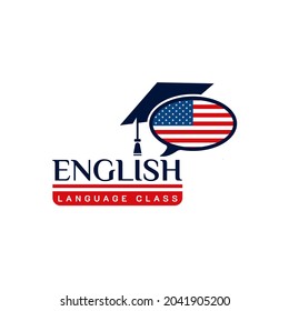 USA English Language Class Logo. language exchange program, forum and international communication sign. With United States Flag