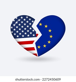 USA and EU broken heart flags. 3d icon. European Union and American split, crisis symbol. Vector illustration.