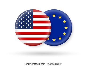 USA and EU circle flags. 3d icon. European Union and American national symbols. Vector illustration.