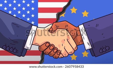 USA EU handshake trade war concept. Two hands shaking over USA and EU flags with a crack between them symbolizing tariffs war. Bright colors