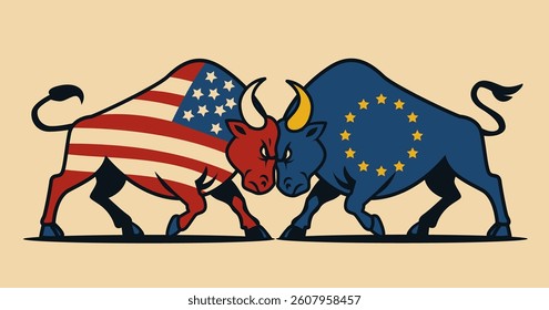 USA EU trade war bulls clash symbolizing economic conflict with flags on bodies aggressive stance contrasting colors beige background
