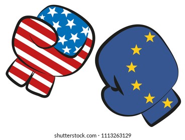 USA Europe trade war confict illustrated by a boxing match with USA and Europe flags in boxing gloves fighting each other, vector illustraton isolared on white