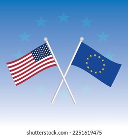 USA and European Union Flags Crossed on a Blue Background. American and European EU Flags. Vector Illustration