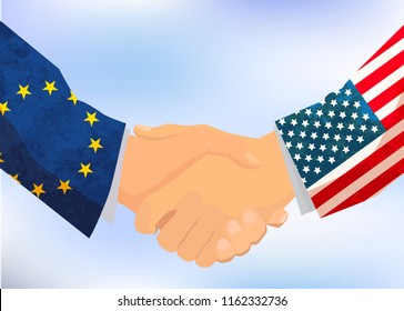 USA and European Union handshake, concept illustration on blue sky background