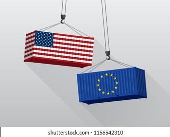 USA and European Union trade war concept, port crane lift two cargo containers.