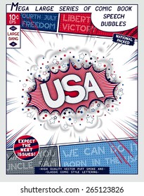 USA. Explosion in comic style with lettering and realistic puffs smoke. 3D vector pop art speech bubble