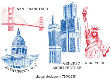 USA famous cities architecture and landmarks sketches: New York (Statue of Liberty), San Francisco (Golden Gate), Washington D.C. (United States Capitol)