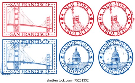 USA famous cities stamps with symbols: New York (Statue of Liberty), San Francisco (Golden Gate), Washington D.C. (United States Capitol)