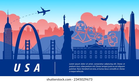 USA famous landmark silhouette style with travel and by flag color design tourism,vector illustration