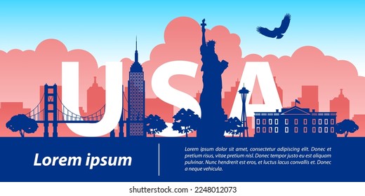 usa famous landmark silhouette style,USA text within,travel and tourism,vector illustration