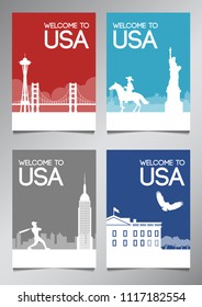 USA famous landmark and symbol in silhouette style with national flag color theme brochure set,vector illustration