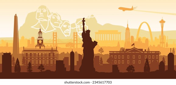 USA famous landmarks silhouette style with yellow and white color,vector illustration