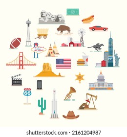 USA. Famous places and landmarks. Flat style illustration