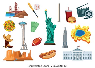 USA famous things vector illustration set.