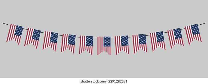 USA festive bunting flags in US traditional colors, 4th of July, american holidays vector banner