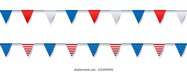 USA festive flag bunting decoration. Vector isolated object illustration for different national events. Flat color version and Strips and stars version