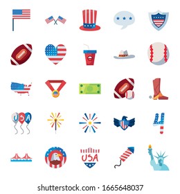 Usa fill style icon set design, United states america independence day nation us country and national theme Vector illustration