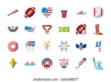 Usa fill style icon set design, United states america independence day nation us country and national theme Vector illustration