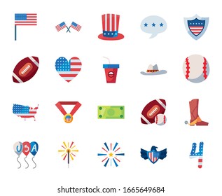 Usa relleno estilo icono conjunto diseño, Estados Unidos Día de la Independencia nación Estados Unidos país y tema nacional Ilustración vectorial
