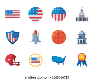 USA füllen Stilsymbol set Design, Vereinigte Staaten von Amerika Unabhängigkeit Tag Nation uns Land und nationale Thema Vektorillustration Illustration