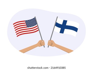 USA and Finland flags. Finnish and American national symbols. Hand holding waving flag. Vector illustration.