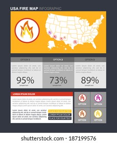 USA fire map infographic. Vector layout template with fire icons and place for your own text.