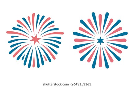 USA Firework Bursts, Patriotic Red, White, Blue Stars, vector illustration