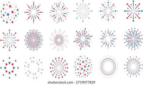 USA Feuerwerk und Feuerwerk platzt. Rote, weiße und blaue Stern-Symbole für den amerikanischen Unabhängigkeitstag und Feier-Designs einzeln 