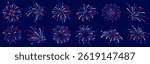 USA fireworks set, 4th July fireworks icons, blue and red