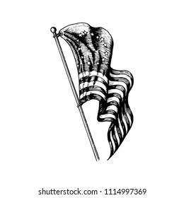 USA first flag illustration in engraved style. Vector design of Independence Day of United States of America. Used for Fourth of July greeting card, banner etc.