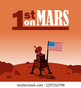 usa first on mars, space craft on mars with us flag