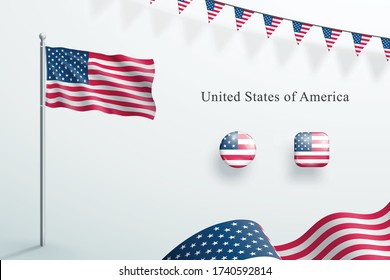 USA Flag 3d Elements Waving Flagpole Bunting Buttons