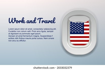 USA flag in airplane window. United state work and travel web template.vector illustration for USA work and travel for university program.