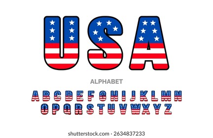 USA Flag Alphabet Font. Bold American Stars and Stripes Letters for National Celebrations. American flag font alphabet letter. used to festival, 4 July, birthday, greeting card, or poster and banner.