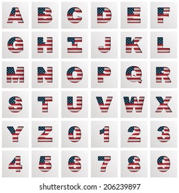 usa flag alphabet with letters and numbers on square icons, isolated on white with transparencies