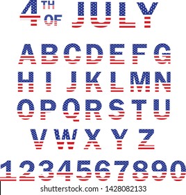 USA Flag Alphabet and Numbers. 4th of July USA flag style font design. USA Flag Font template. Font USA Flag Stars Set.