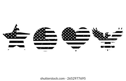 USA flag,  American flag with different shapes like star, heart, eagle, round shape, United States of America flag art  vector illustration, black and white 