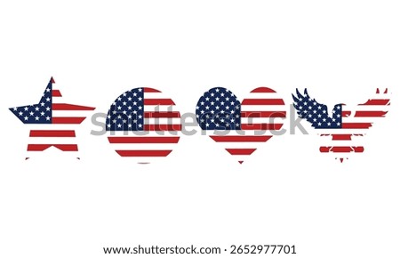 USA flag, American flag with different shapes like star, love, eagle, round shape, United States of America flag art  vector illustration, colorful red and blue with white star