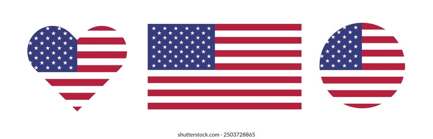 USA flag. American flag in a heart and in a circle shapes. Flat vector illustration isolated on white background