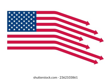 USA flag arrows pointing down. Simple vector infographic illustration. United States economy collapse. Financial crisis, recession, market downfall in America.
