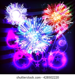 USA flag background. Fireworks in the night starry sky. Vector illustration. Light effects.
