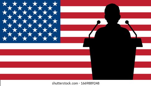 USA Flag Background Man Speaks. Business Man Presentation Conference Concept.