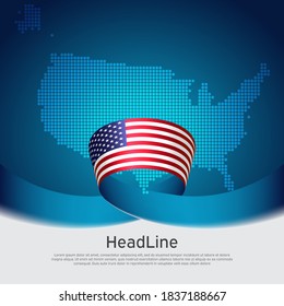 USA flag background. Mosaic map, flag of usa on a blue white background. National american poster. Vector design. State american patriotic banner, cover, business flyer
