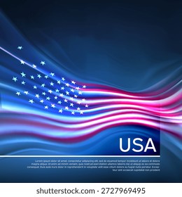 USA flag background, template. Abstract united states flag in blue sky. US national holiday card design. Banner, usa poster, american patriotic flyer, cover. Business brochure. Vector illustration