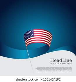 USA flag background. Wavy ribbon color flag of usa on a blue white background. National american poster. Vector design. State american patriotic banner, cover, flyer