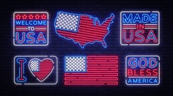 USA Flag Badges Collection Neon Vector Sign. I Love USA, Made In USA Symbol Banner Light, Bright Night Illustration. Vector Illustration