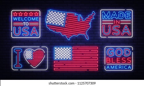 USA flag badges collection neon vector sign. I love USA, Made in USA symbol banner light, bright night Illustration. Vector illustration