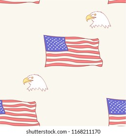 USA flag Bald american eagle mascot pattern, seamless, tile, background vector icon hand drawn style illustrations